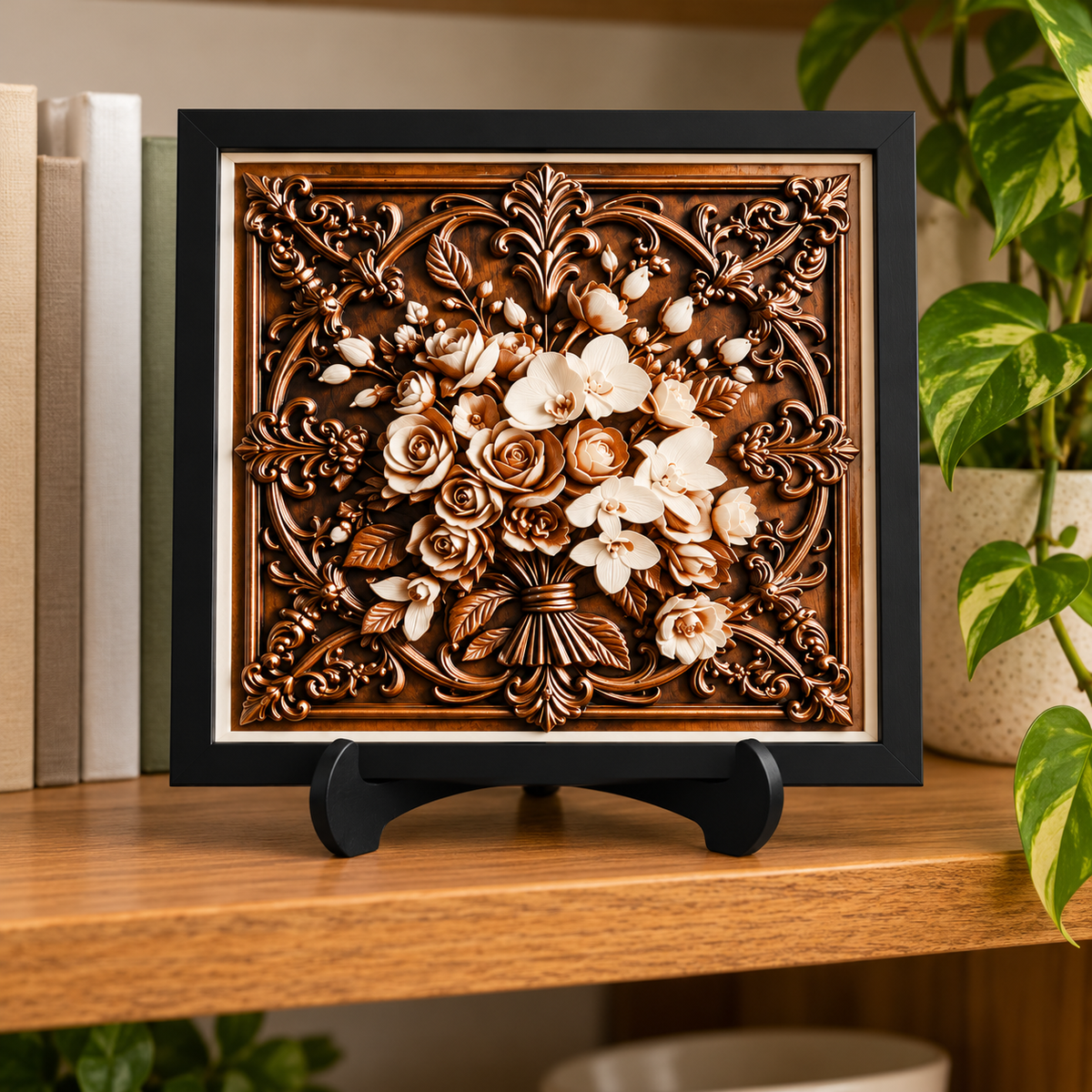 Flowers HueForge art in black SnapFrame — bookshelf styled mockup