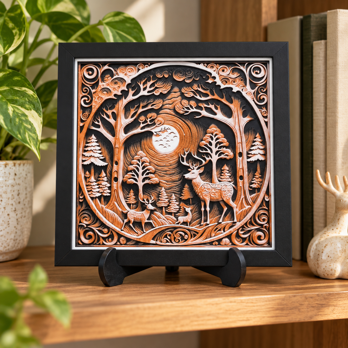 In The Forest HueForge with black SnapFrame and thin white border — bookshelf