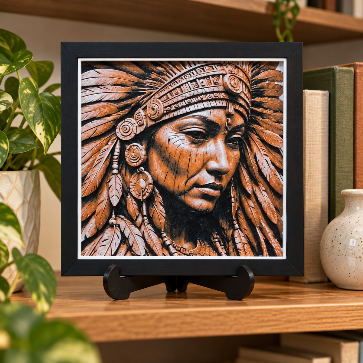 Concept mockup of planned Native American Woman HueForge with black SnapFrame — bookshelf