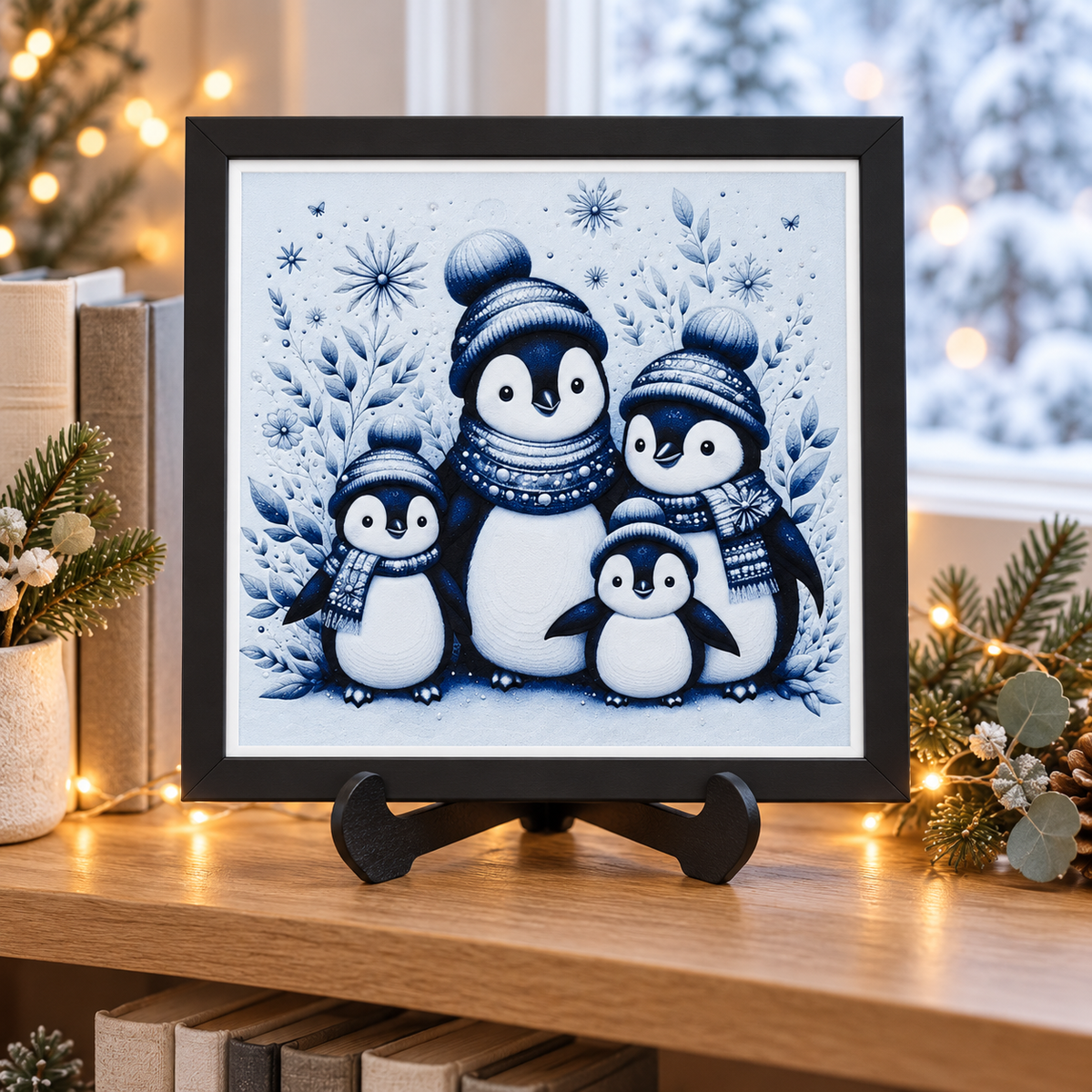 Winter Penguins — bookshelf winter styled mockup
