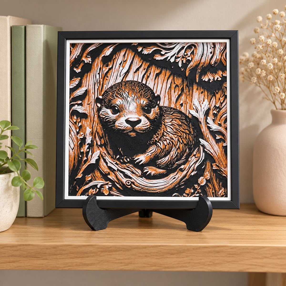 Wood Carving Baby Otter HueForge — bookshelf styled mockup