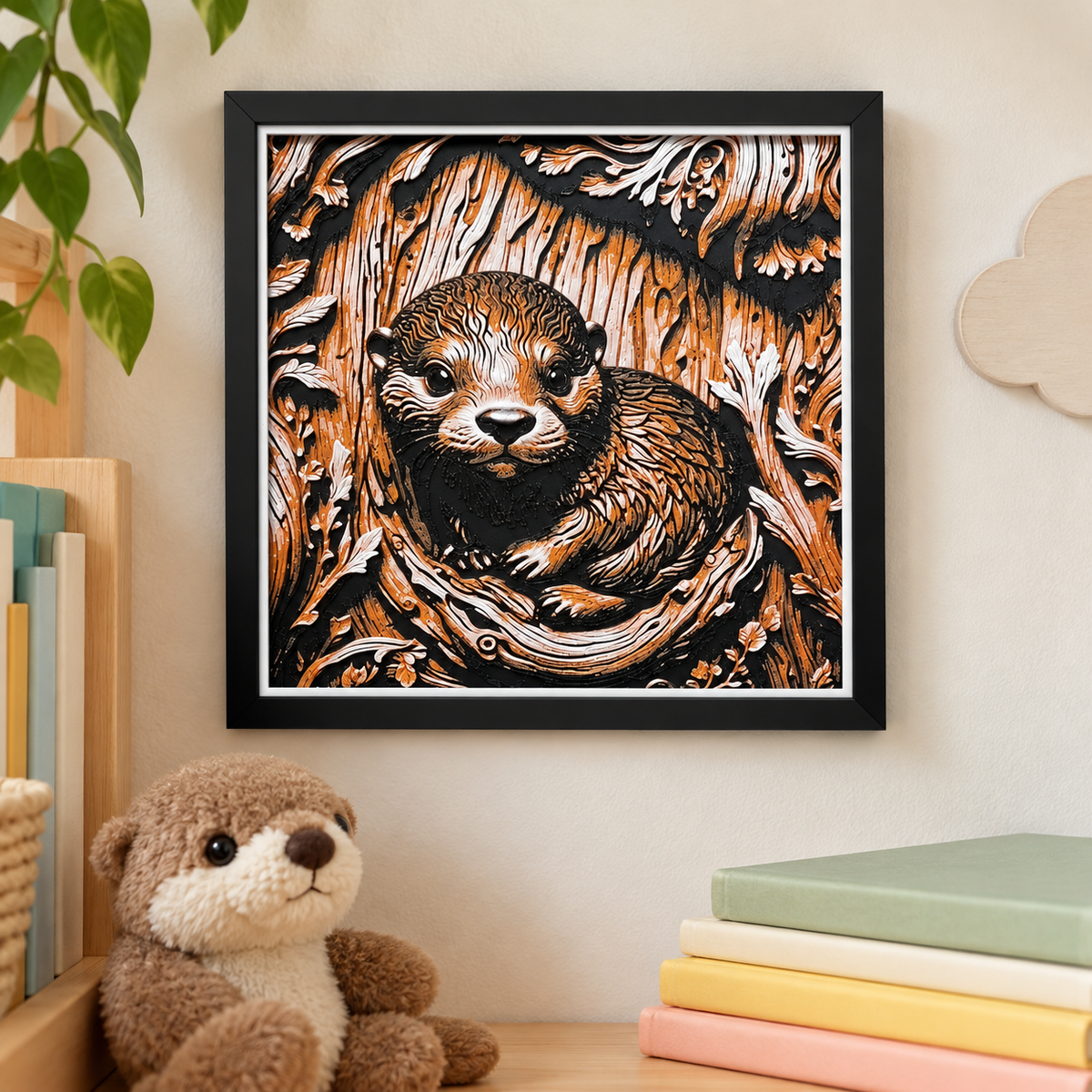 Wood Carving Baby Otter HueForge — wall styled mockup