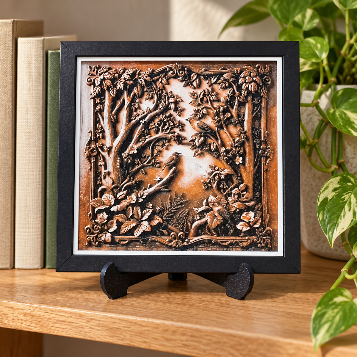Birds HueForge print in black SnapFrame — bookshelf styled mockup