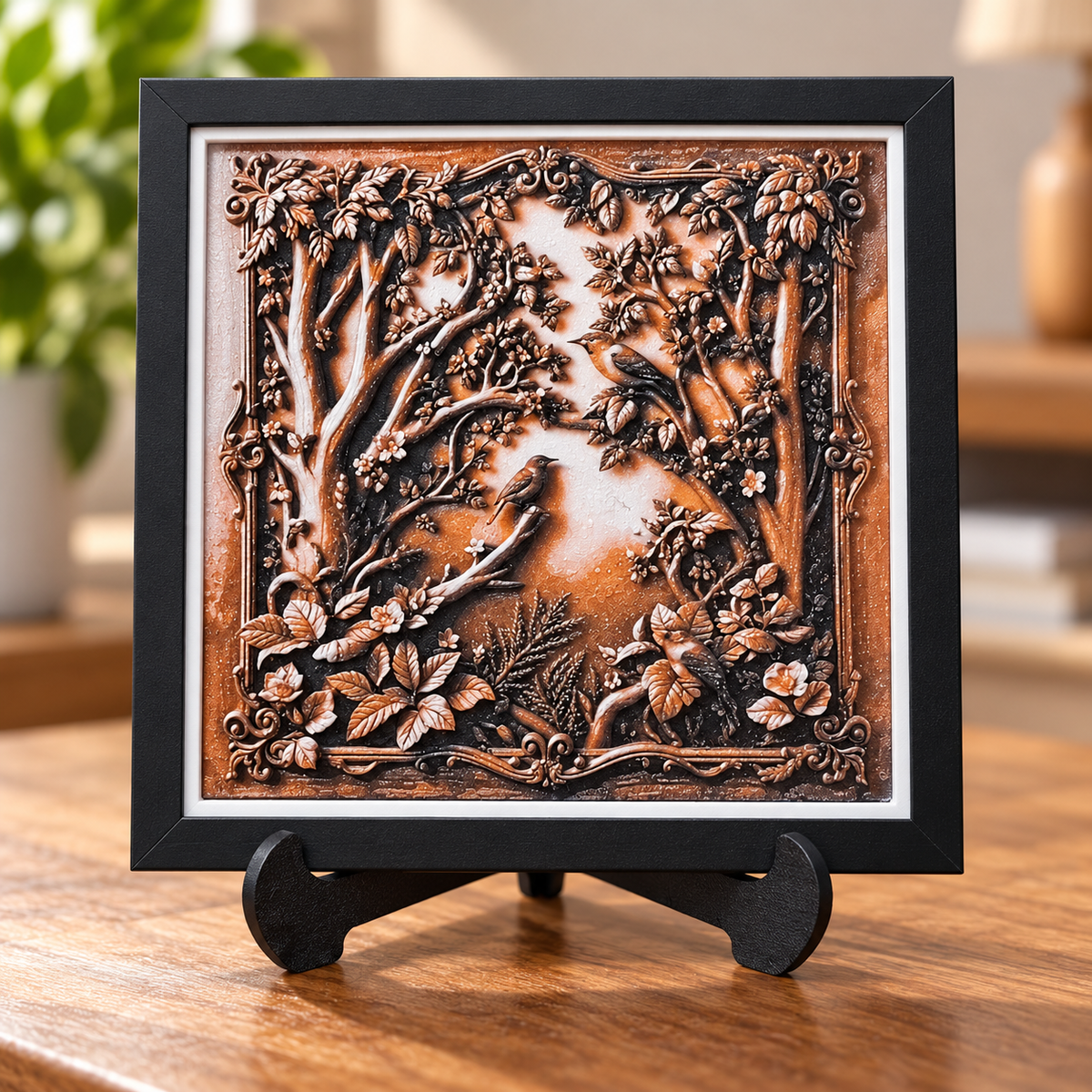 Birds HueForge print in black SnapFrame — easel styled mockup