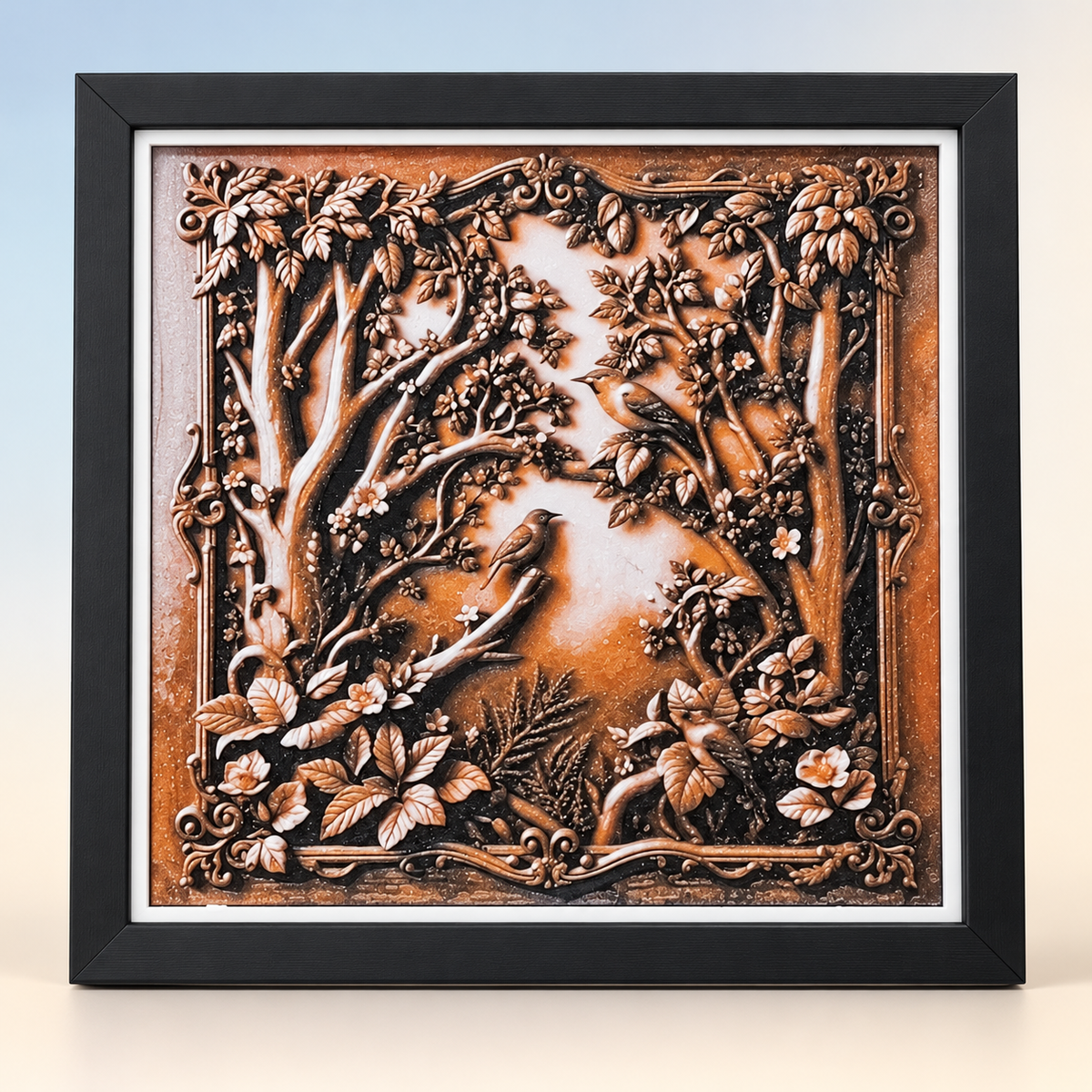 Birds HueForge print in black SnapFrame — hero styled mockup