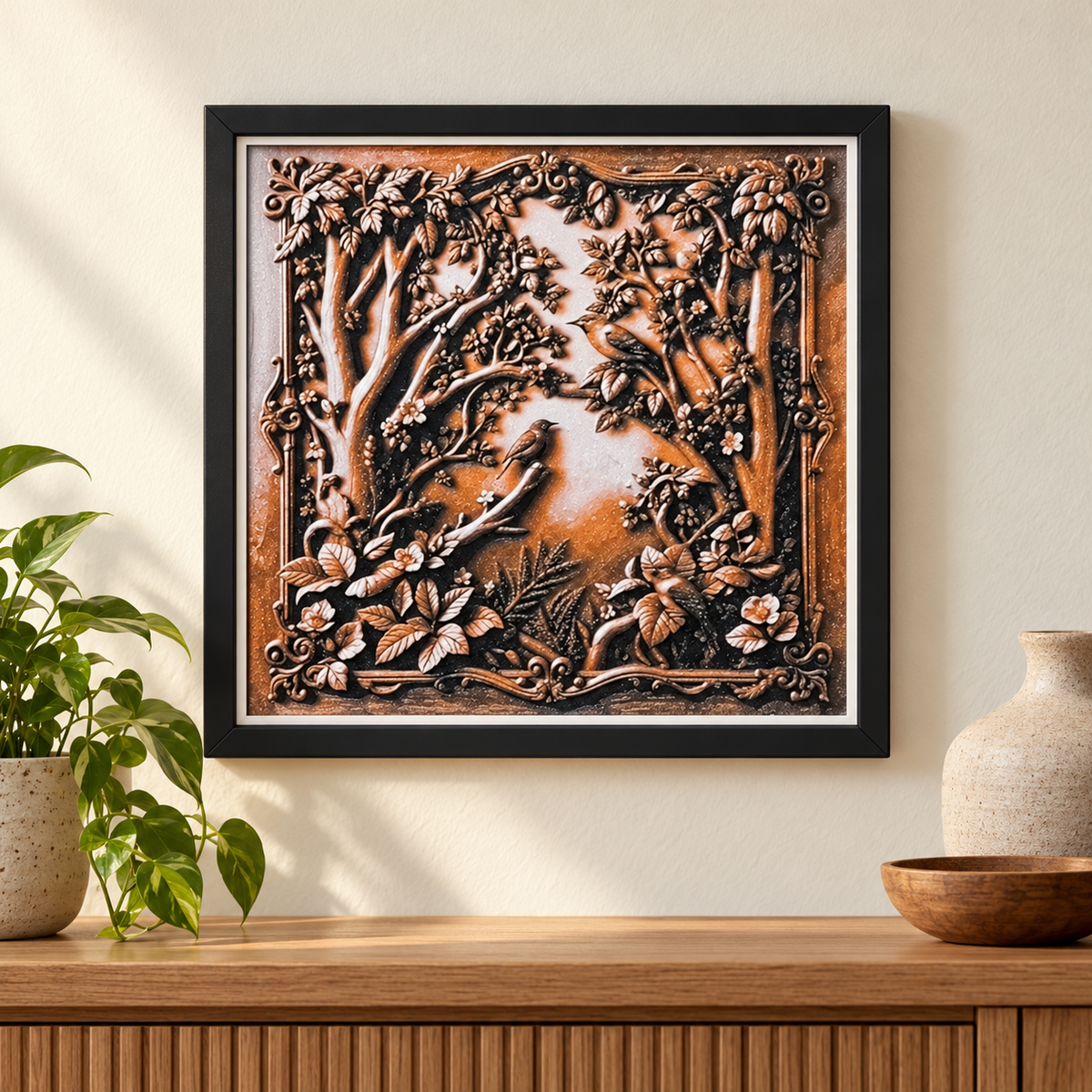Birds HueForge print in black SnapFrame — wall styled mockup