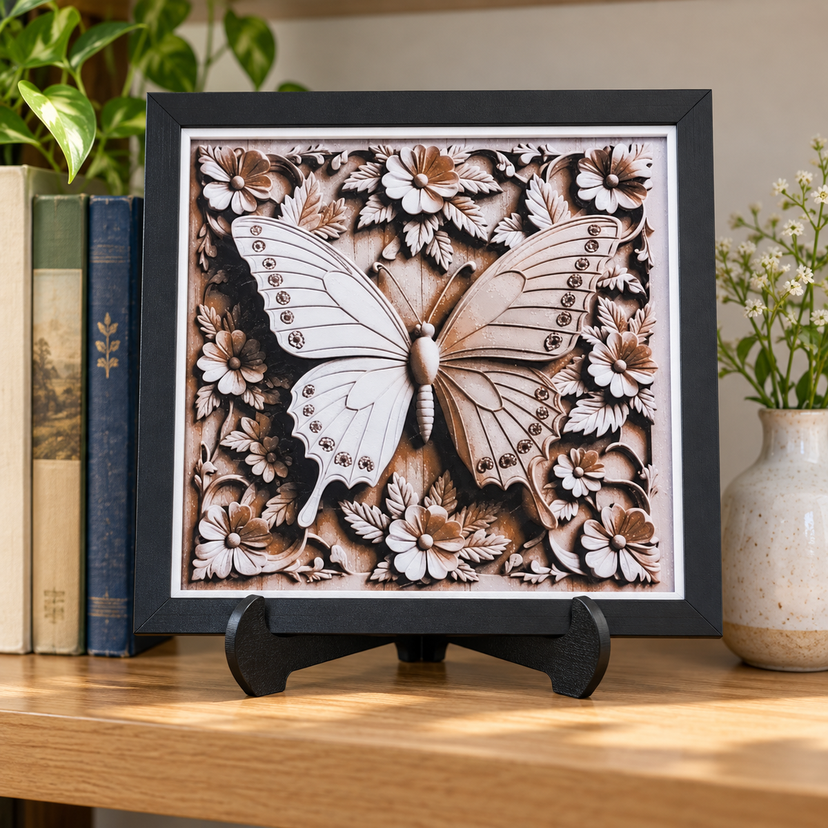 Butterfly HueForge styled mockup with black SnapFrame and thin white border — bookshelf