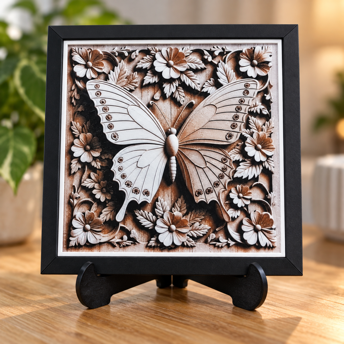 Butterfly HueForge styled mockup with black SnapFrame and thin white border — easel