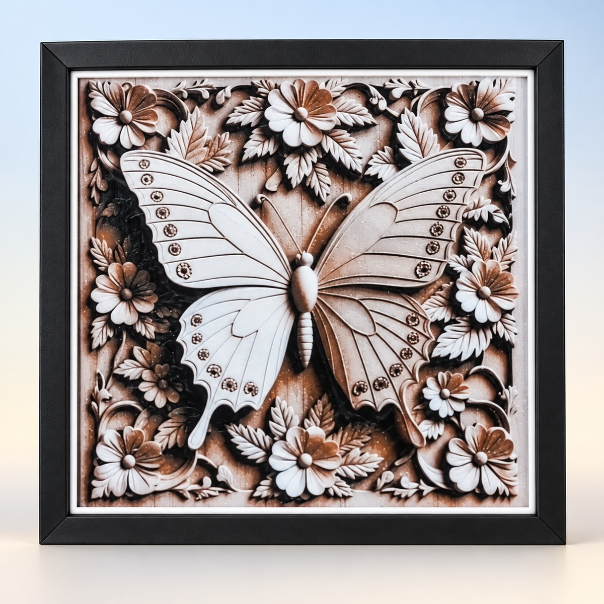 Butterfly HueForge styled mockup with black SnapFrame and thin white border — hero