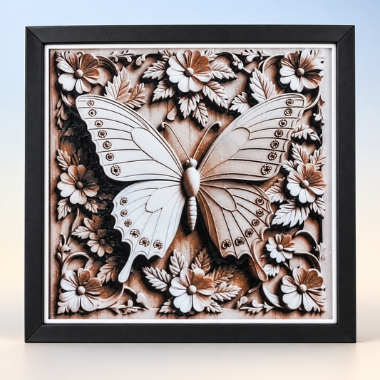 Butterfly HueForge styled mockup with black SnapFrame and thin white border — hero