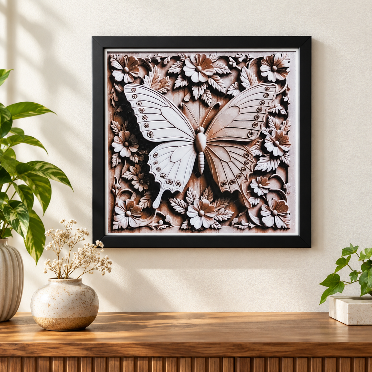 Butterfly HueForge styled mockup with black SnapFrame and thin white border — wall