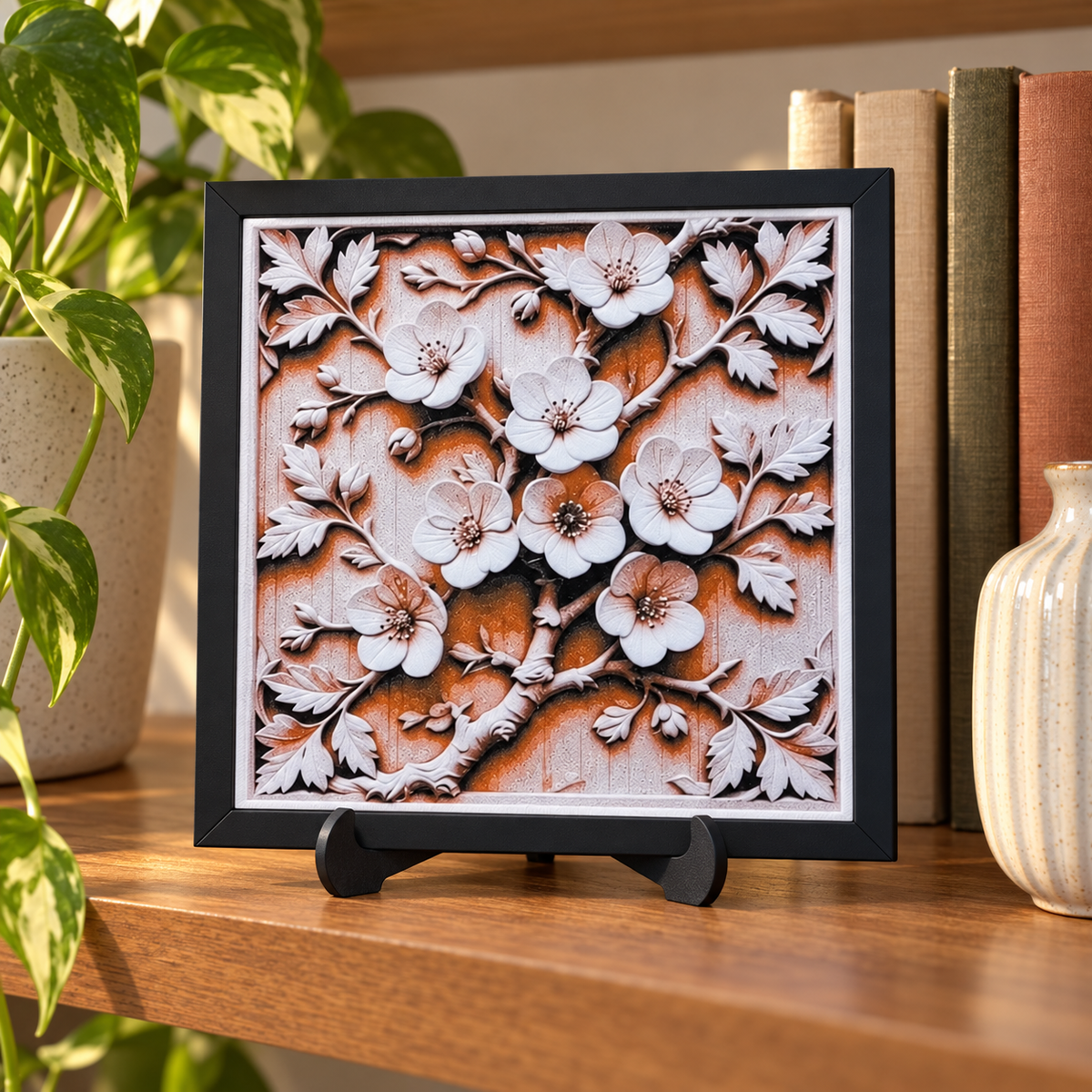 Cherry Blossom HueForge in black SnapFrame with thin white border — bookshelf display