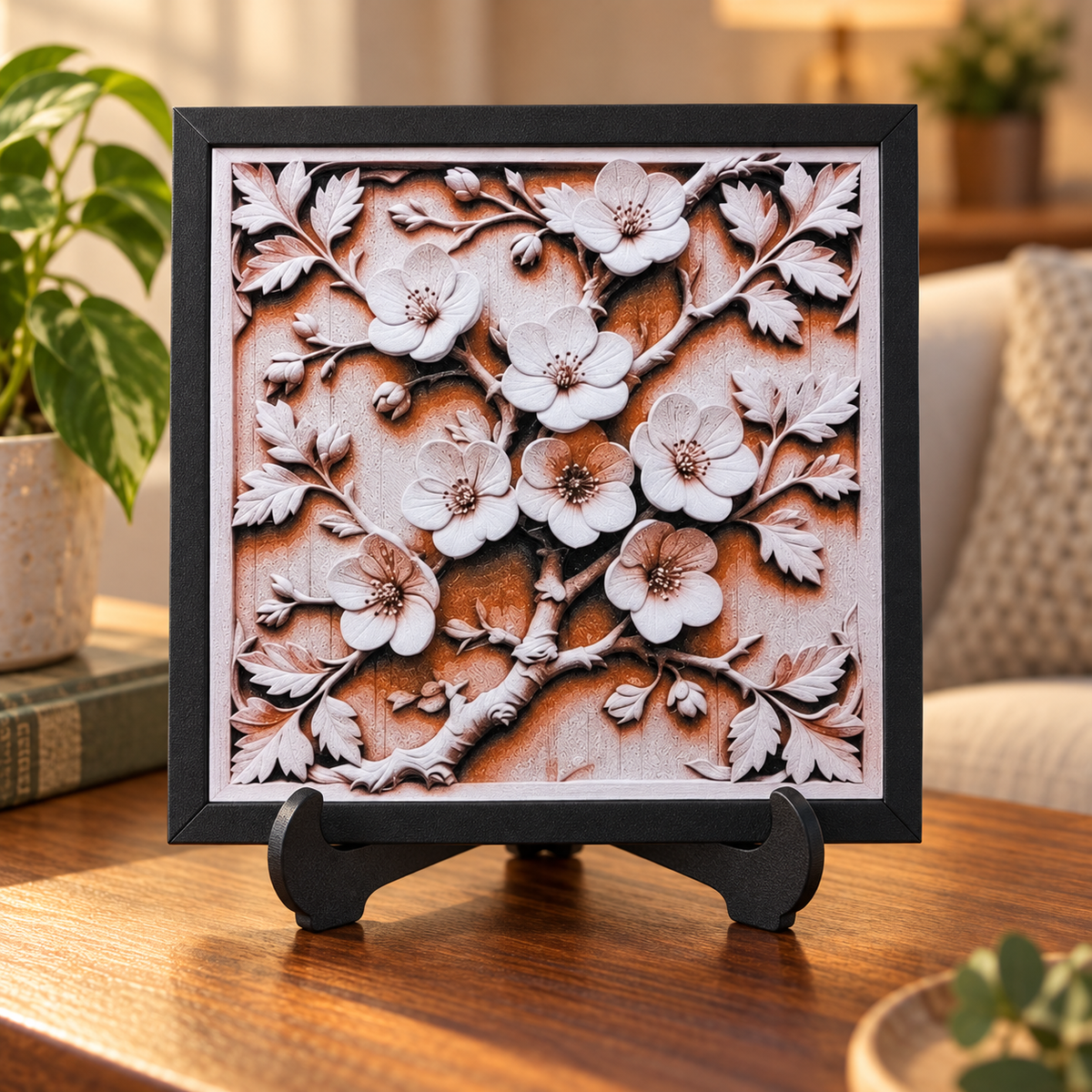 Cherry Blossom HueForge in black SnapFrame with thin white border — table with easel