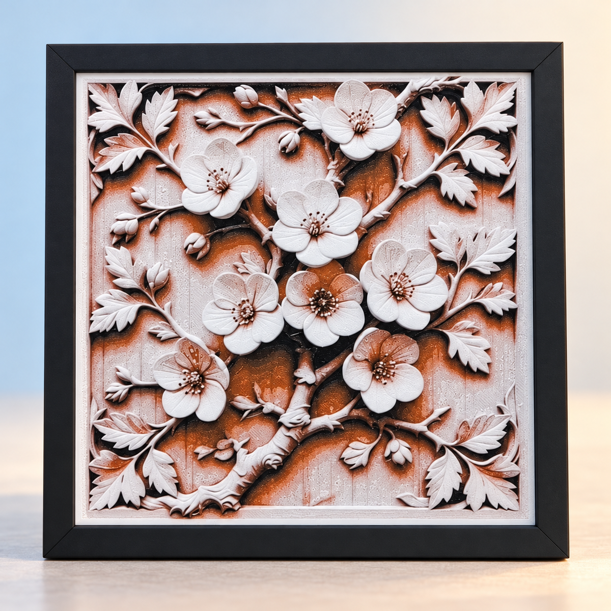 Cherry Blossom HueForge in black SnapFrame with thin white border — hero