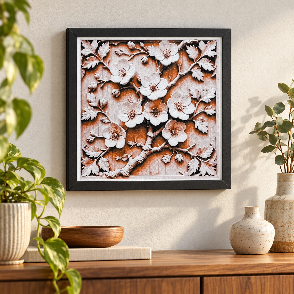 Cherry Blossom HueForge in black SnapFrame with thin white border — wall display
