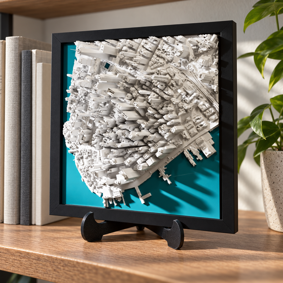 Lower Manhattan City Map in black frame — bookshelf styled mockup