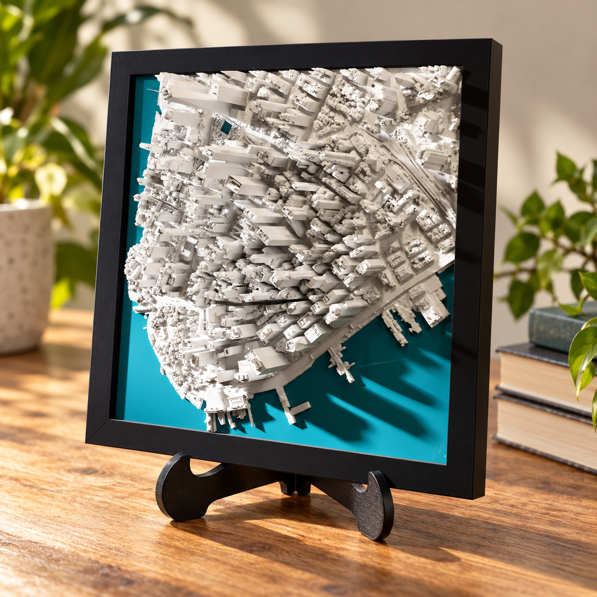 Lower Manhattan City Map in black frame — easel styled mockup