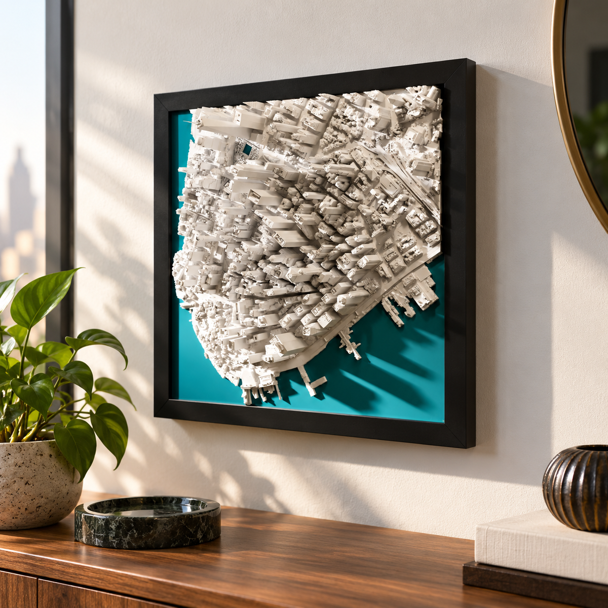 Lower Manhattan City Map in black frame — wall styled mockup