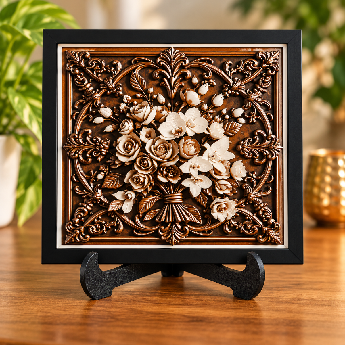 Flowers HueForge art in black SnapFrame — easel styled mockup