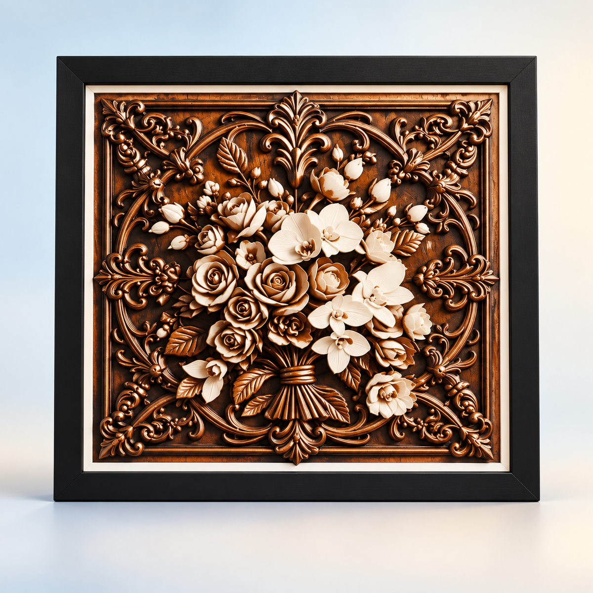 Flowers HueForge art in black SnapFrame — hero styled mockup