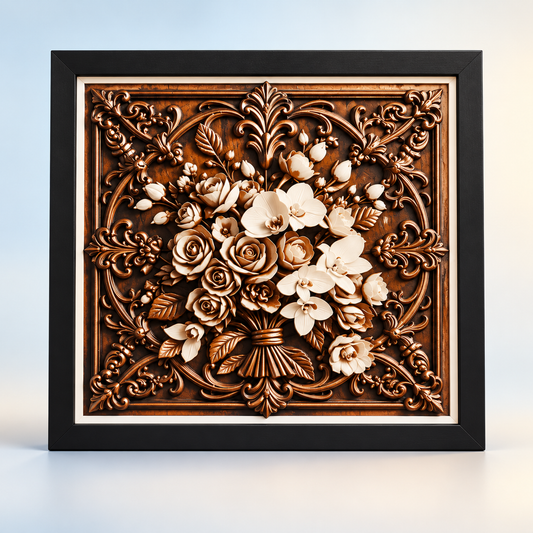 Flowers HueForge art in black SnapFrame — hero styled mockup