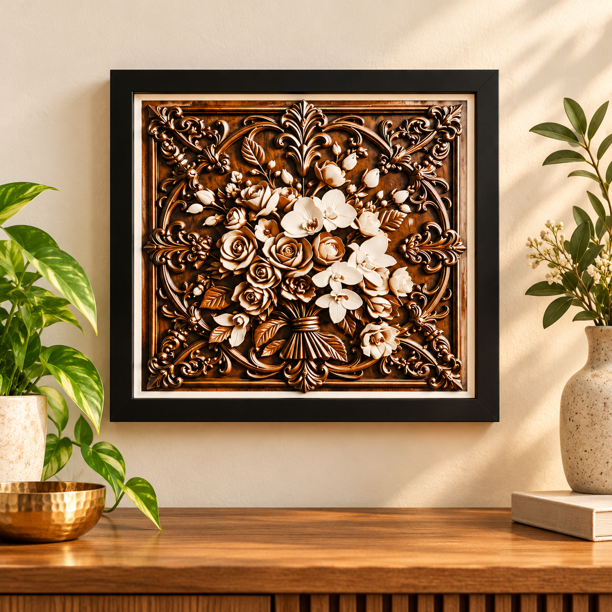 Flowers HueForge art in black SnapFrame — wall styled mockup