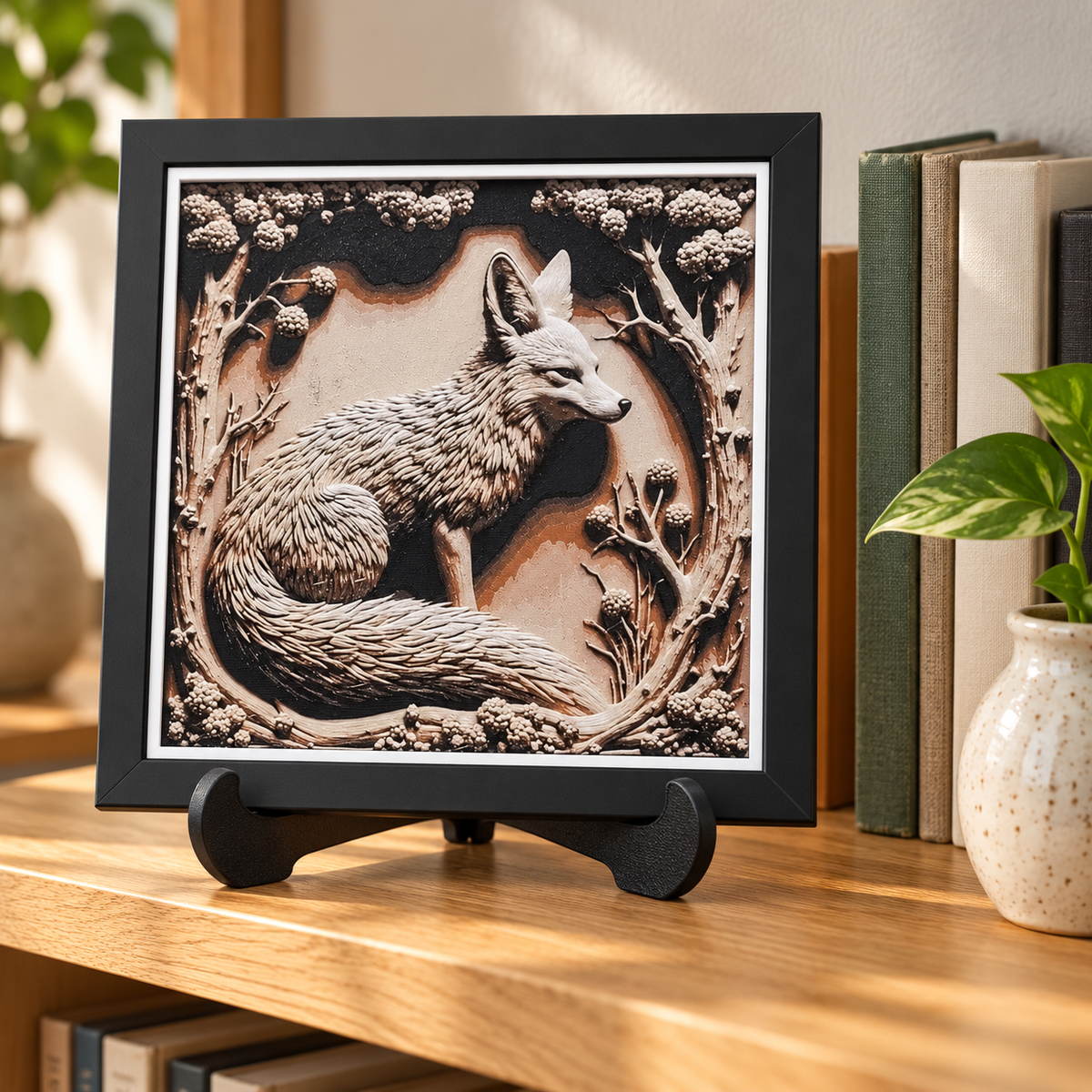 Fox HueForge styled mockup with black SnapFrame and thin white border — bookshelf