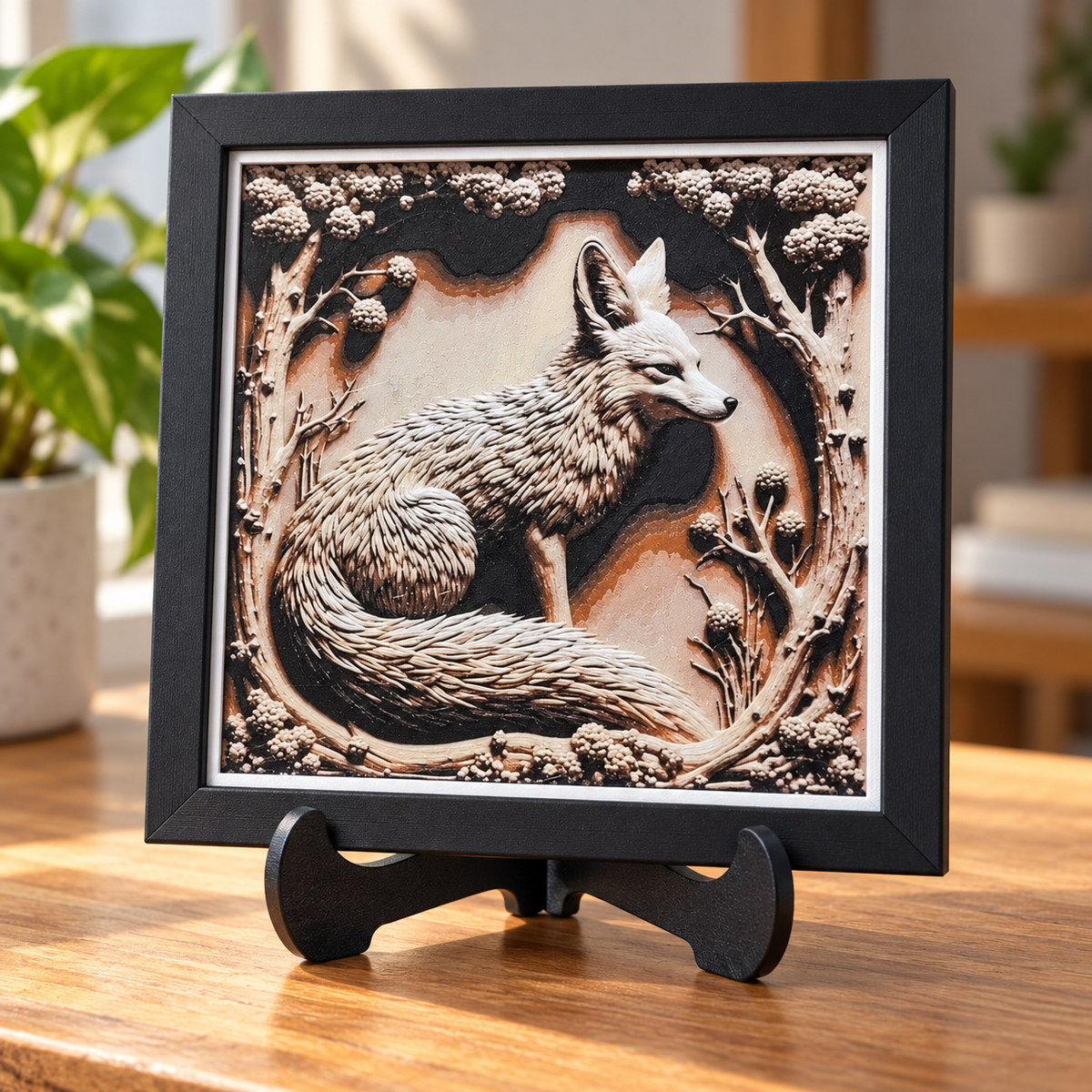 Fox HueForge styled mockup with black SnapFrame and thin white border — easel