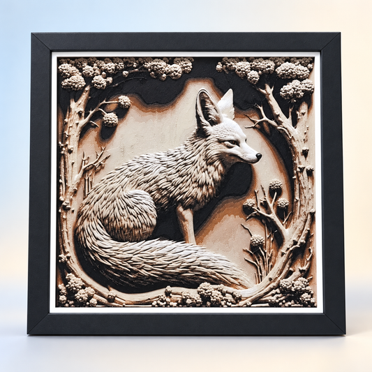 Fox HueForge styled mockup with black SnapFrame and thin white border — hero
