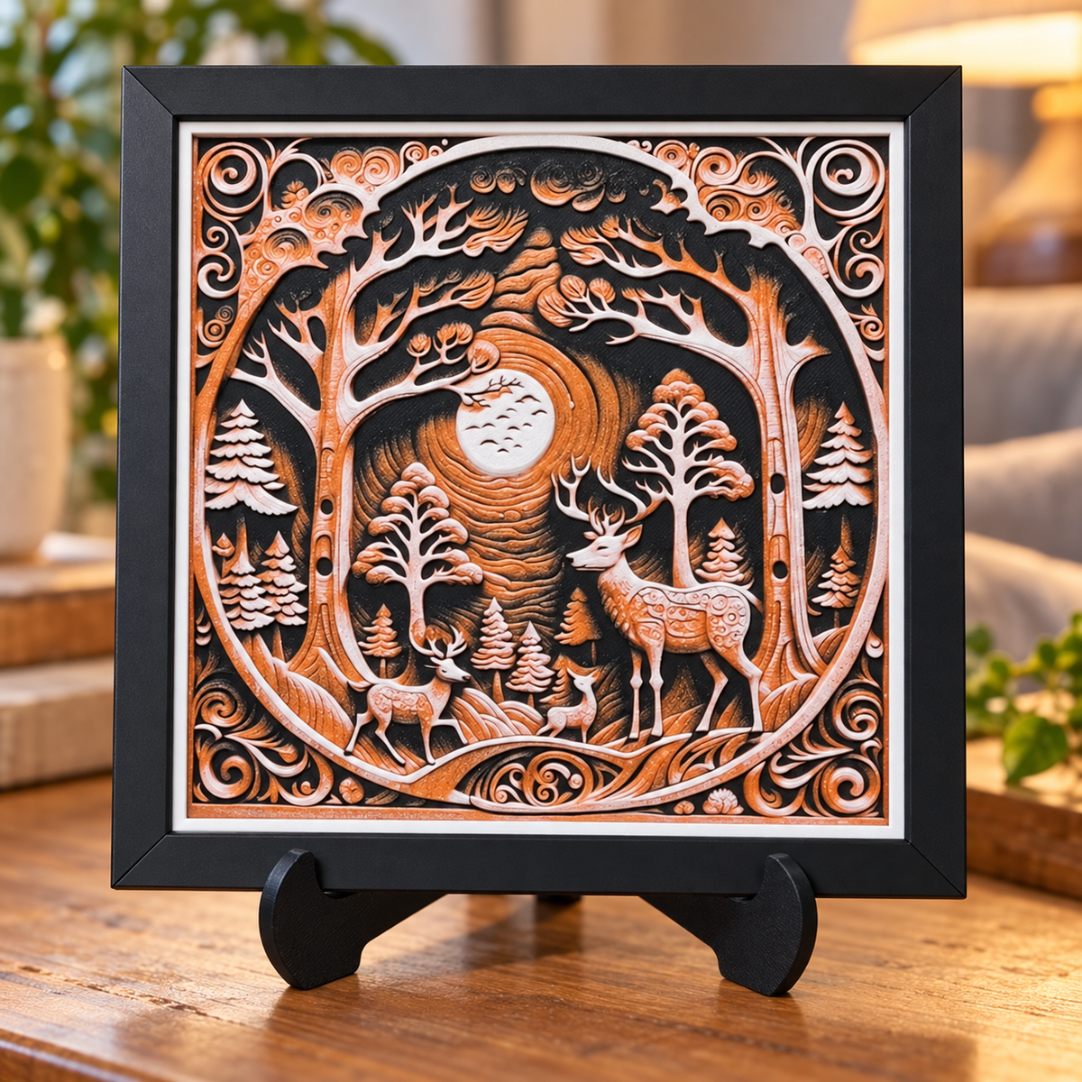 In The Forest HueForge with black SnapFrame and thin white border — table with easel