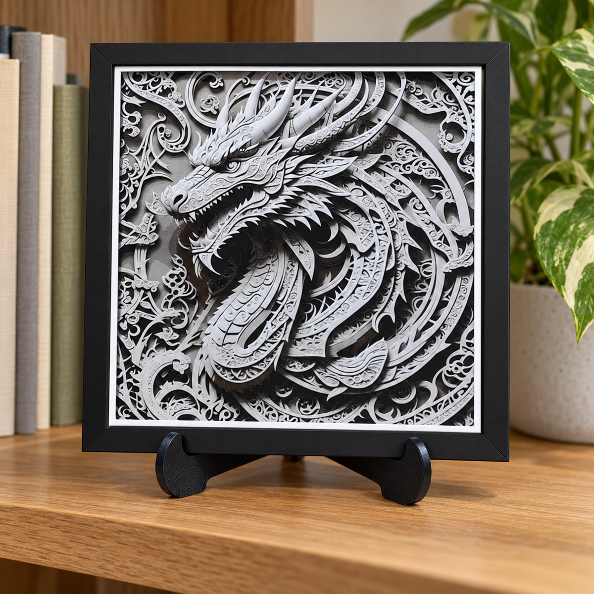 Kirigami Dragon — HueForge Art — bookshelf styled mockup