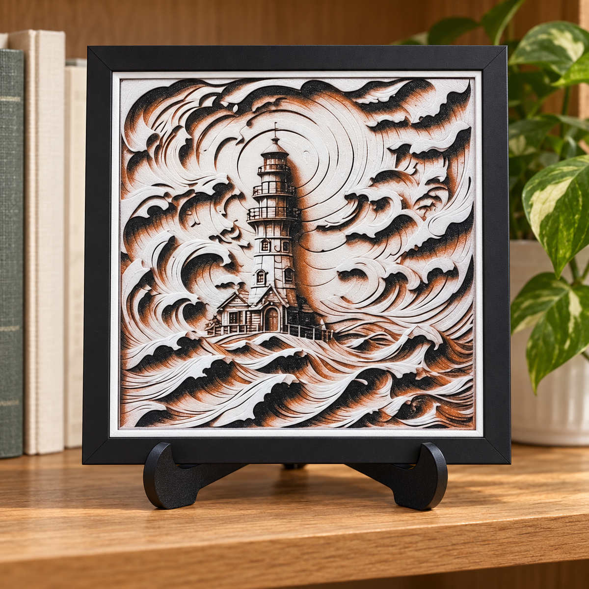 Lighthouse — HueForge Art in black SnapFrame — bookshelf styled mockup