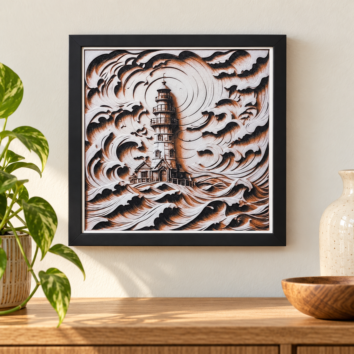 Lighthouse — HueForge Art in black SnapFrame — wall styled mockup