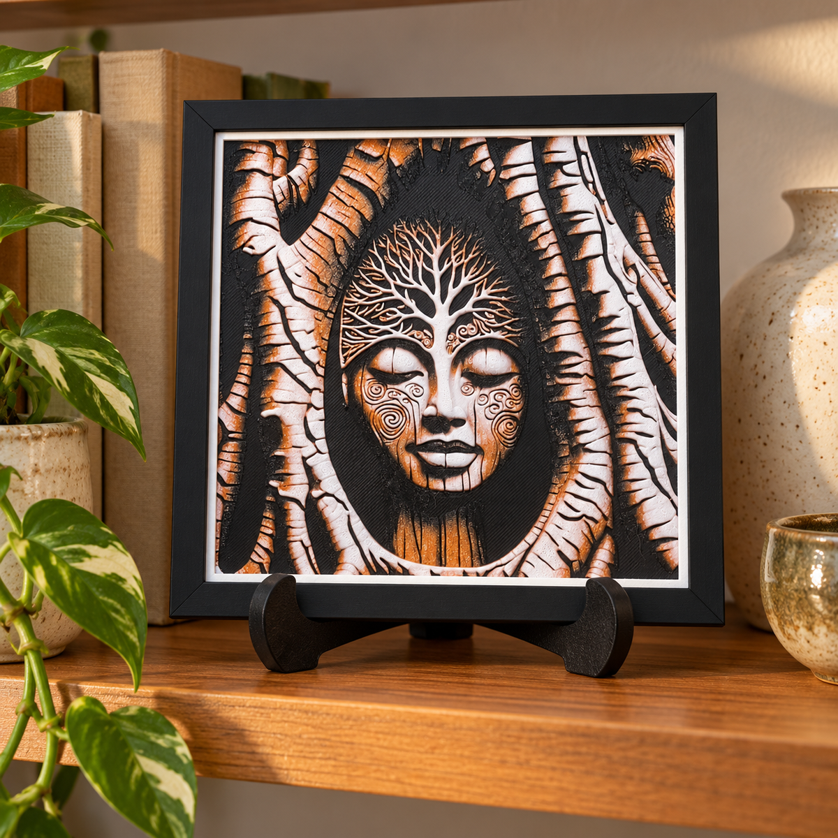Mother Nature HueForge in black SnapFrame and thin white border — bookshelf display