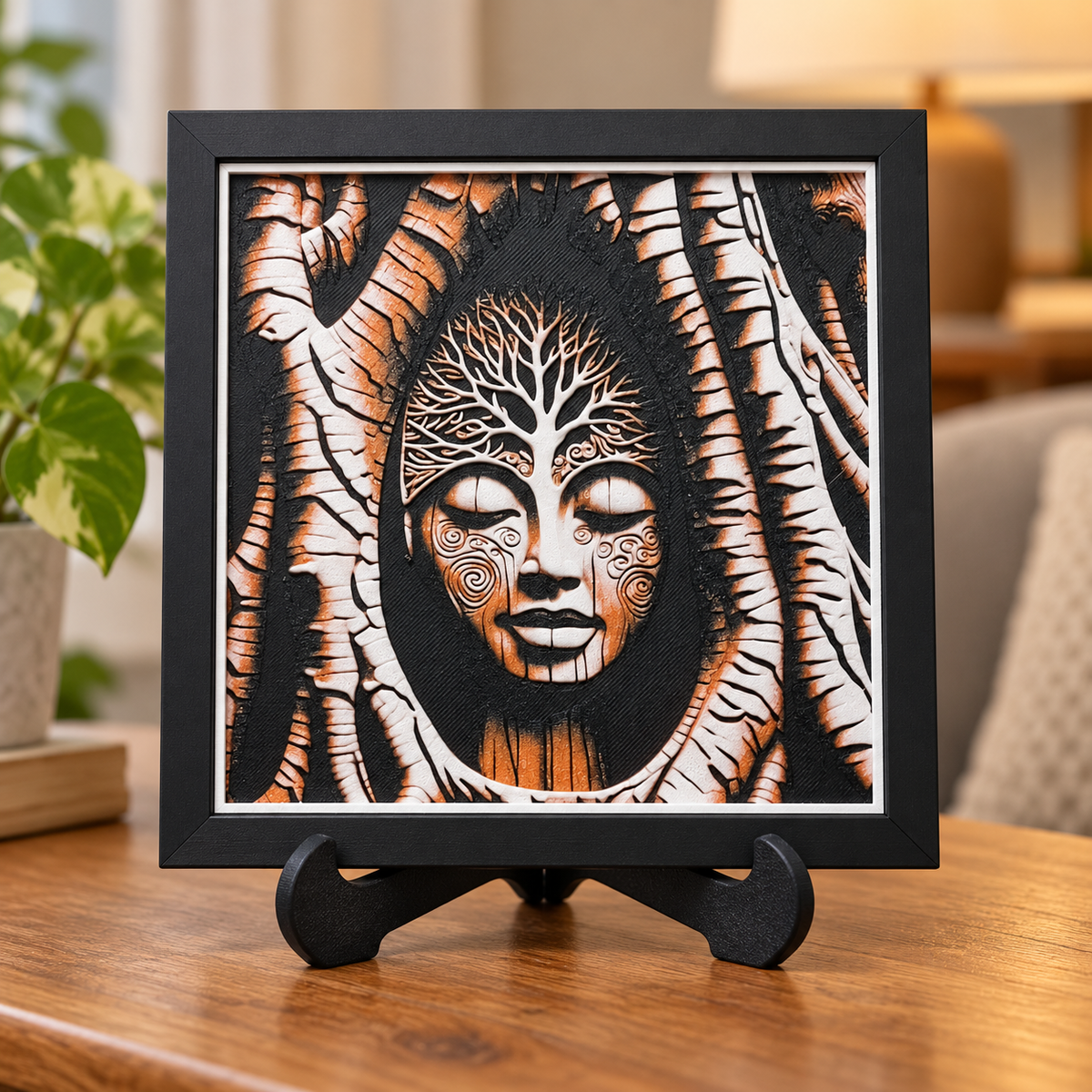 Mother Nature HueForge in black SnapFrame and thin white border — table and easel