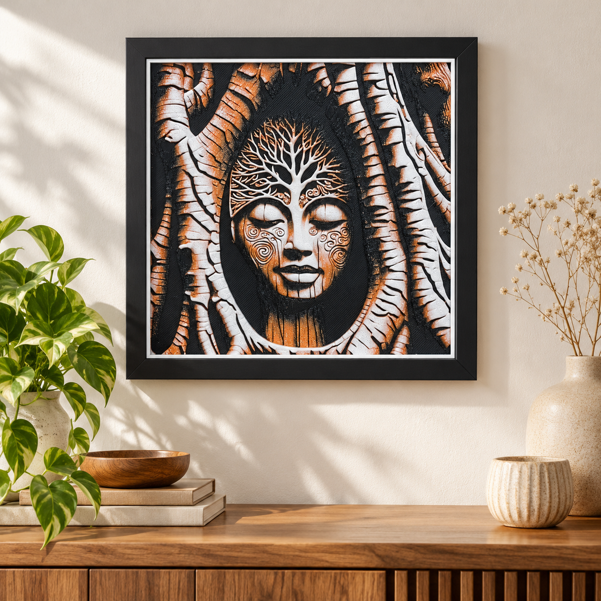Mother Nature HueForge in black SnapFrame and thin white border — wall display