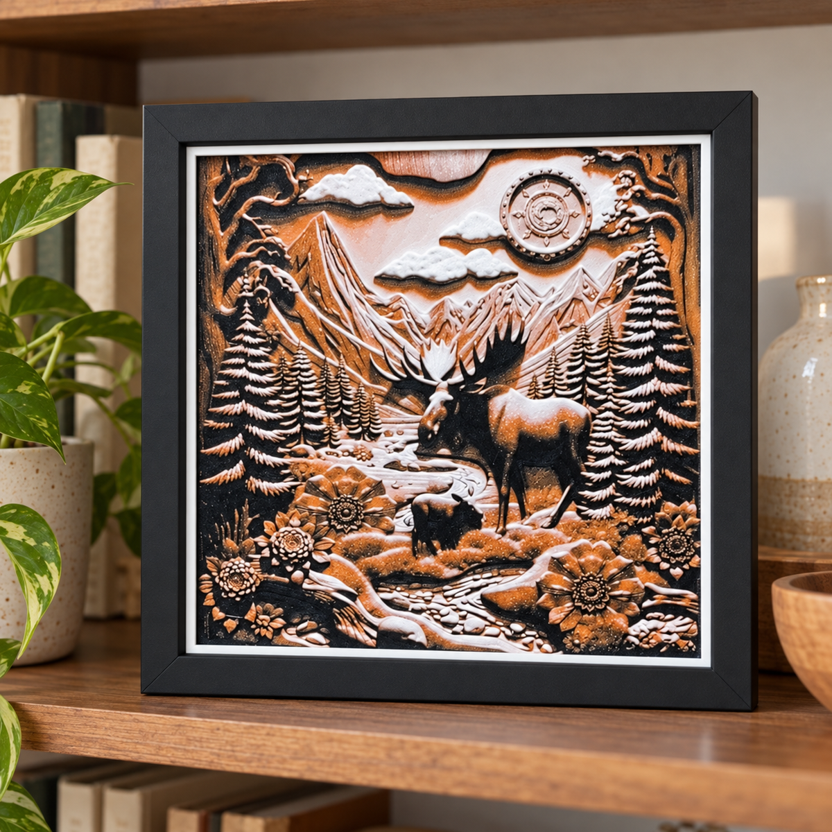 Mountain HueForge with black SnapFrame and white print border — bookshelf display