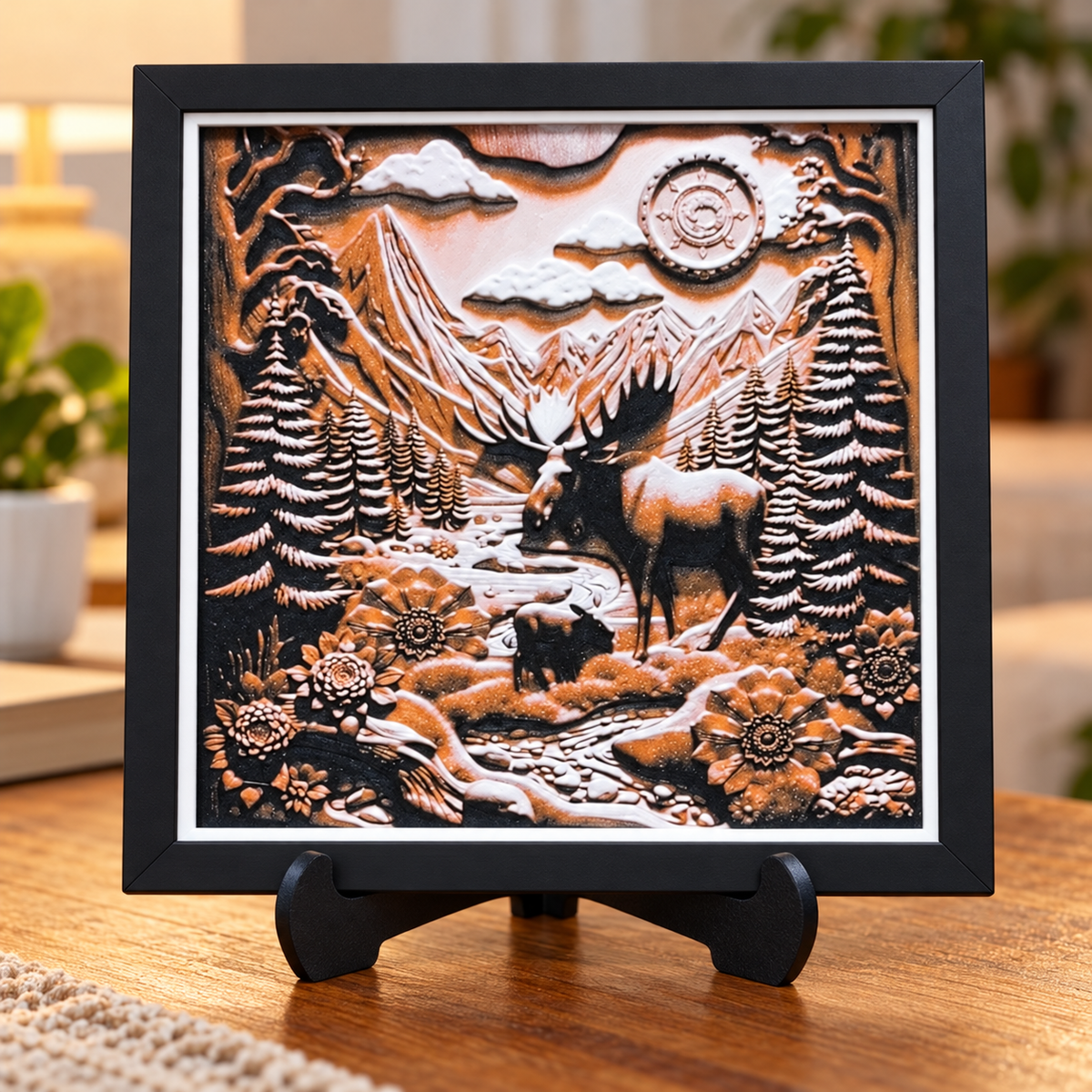 Mountain HueForge with black SnapFrame and white print border — table with easel