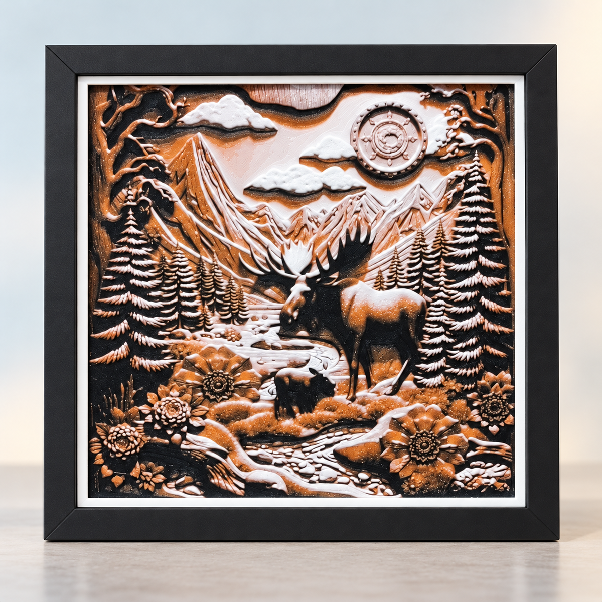 Mountain HueForge with black SnapFrame and white print border — hero