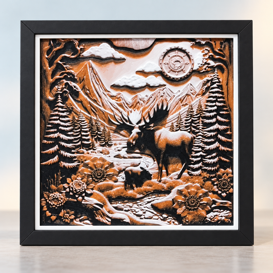 Mountain HueForge with black SnapFrame and white print border — hero
