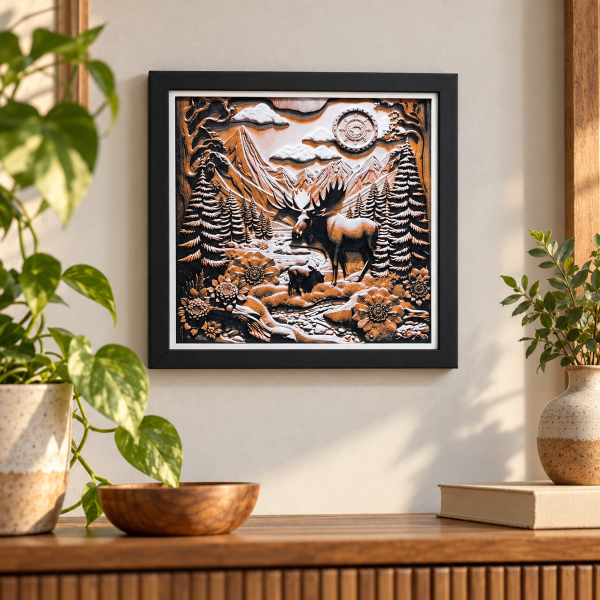 Mountain HueForge with black SnapFrame and white print border — wall display
