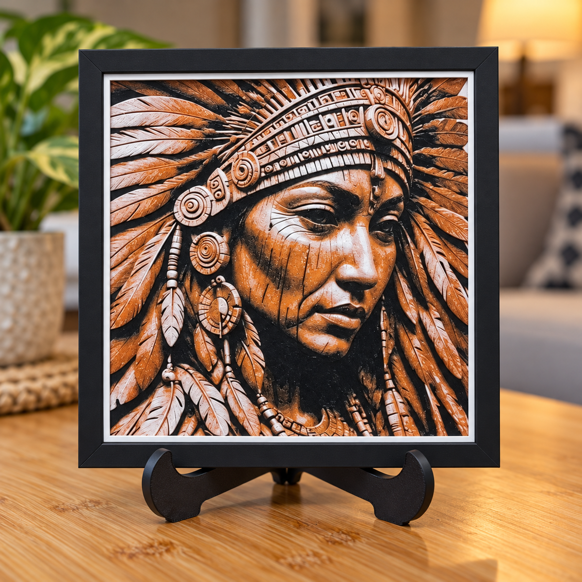Concept mockup of planned Native American Woman HueForge with black SnapFrame — table and easel