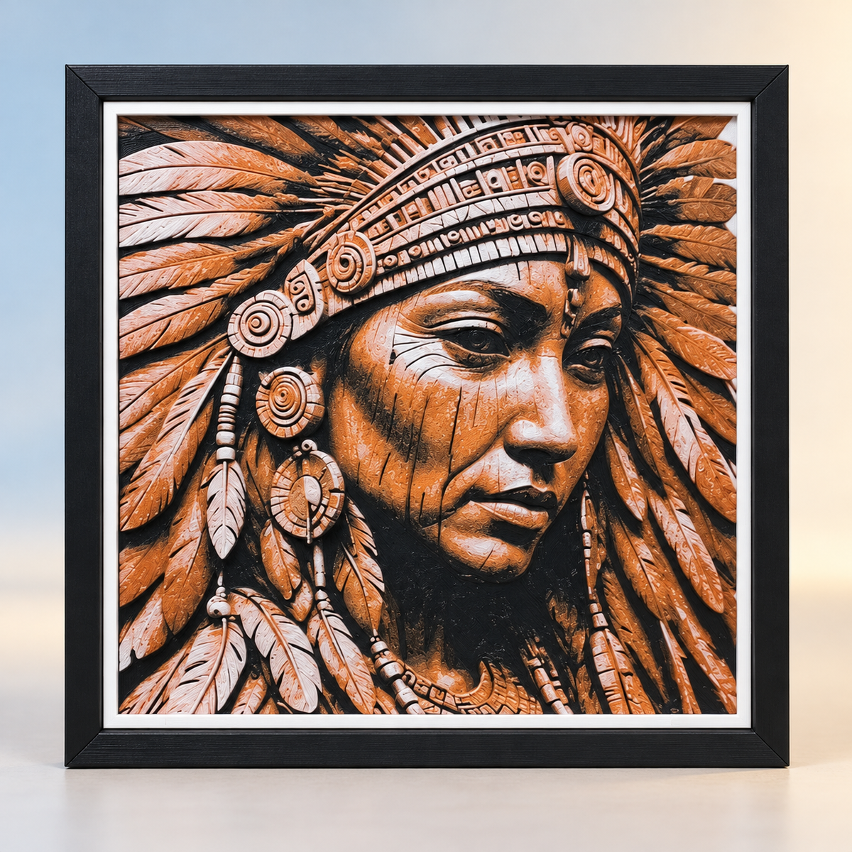 Concept mockup of planned Native American Woman HueForge with black SnapFrame — hero
