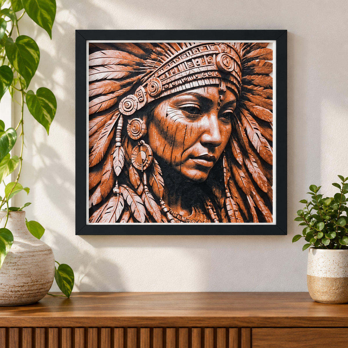 Concept mockup of planned Native American Woman HueForge with black SnapFrame — wall