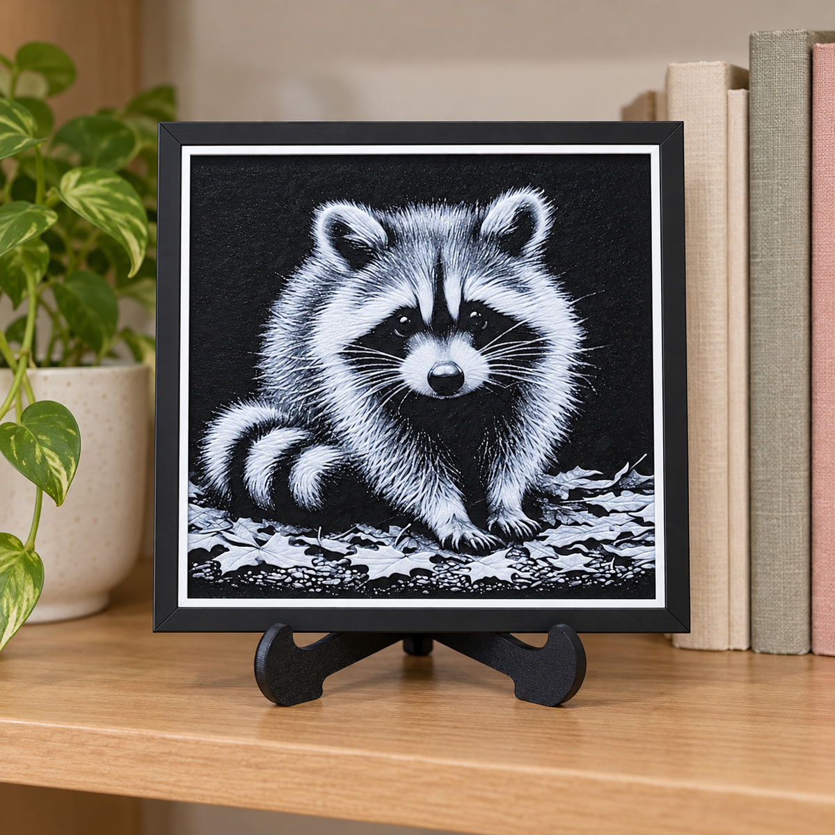 Raccoon HueForge — bookshelf styled mockup