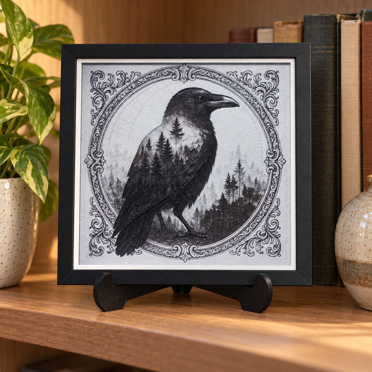 Raven HueForge in black SnapFrame with white print border — bookshelf