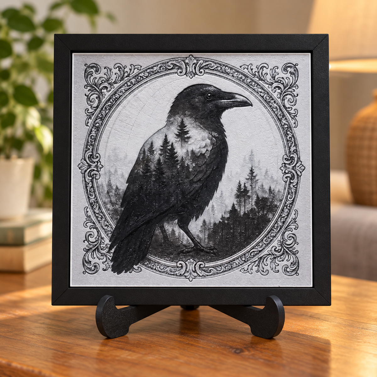 Raven HueForge in black SnapFrame with white print border — table and easel