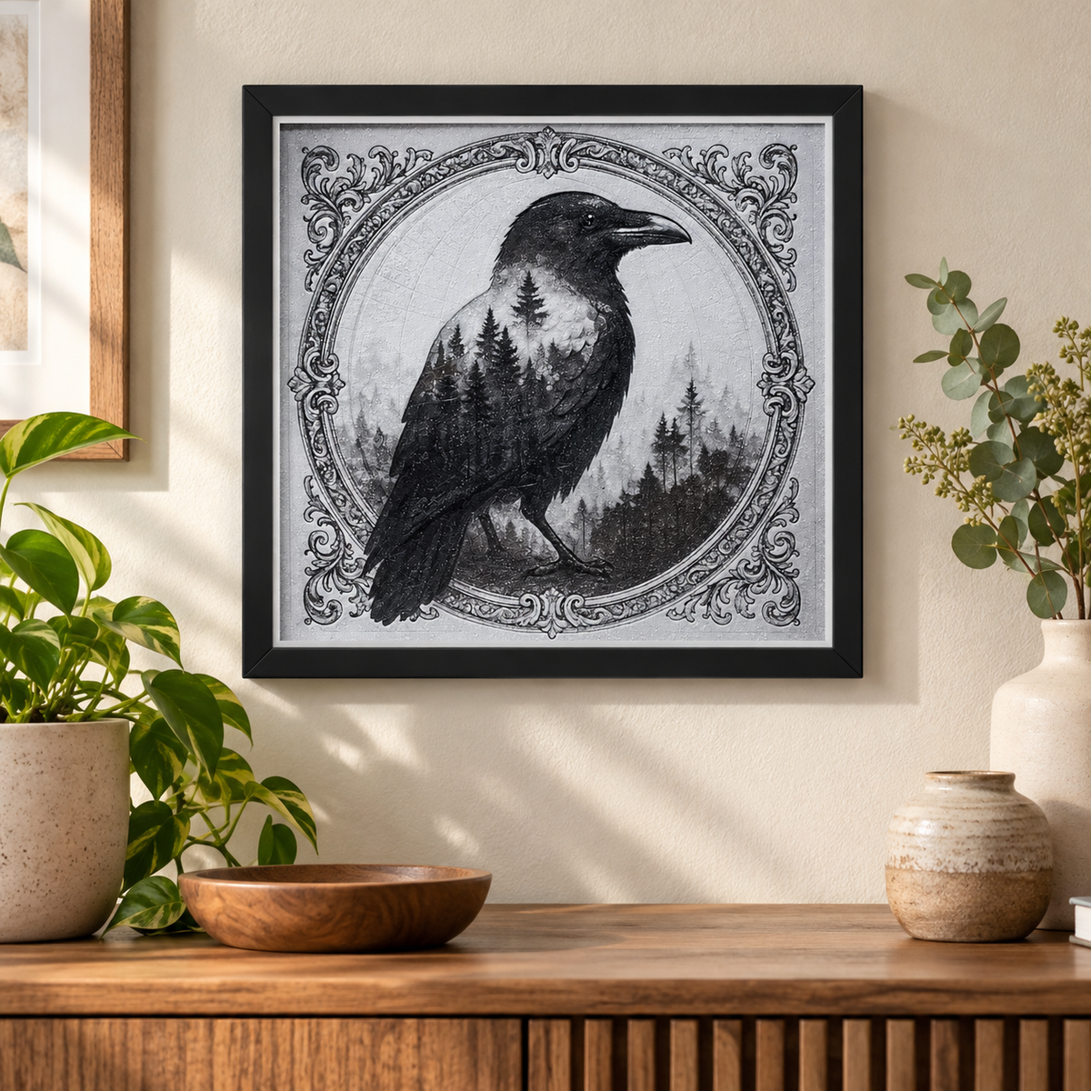 Raven HueForge in black SnapFrame with white print border — wall display