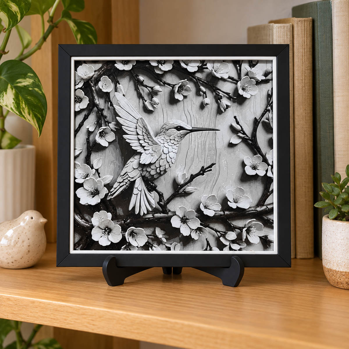 Sakura Hummingbird HueForge with black SnapFrame and thin white border — bookshelf display