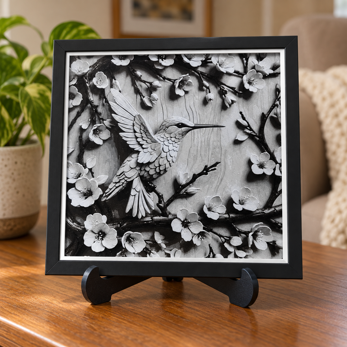 Sakura Hummingbird HueForge with black SnapFrame and thin white border — table with easel